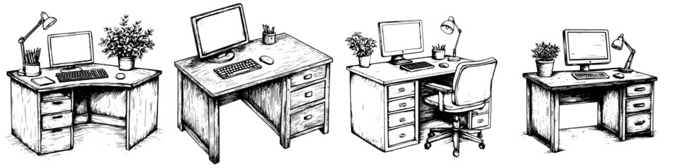 Poster - Different styles of home office desks in a sketch illustration showcasing functionality and design choices