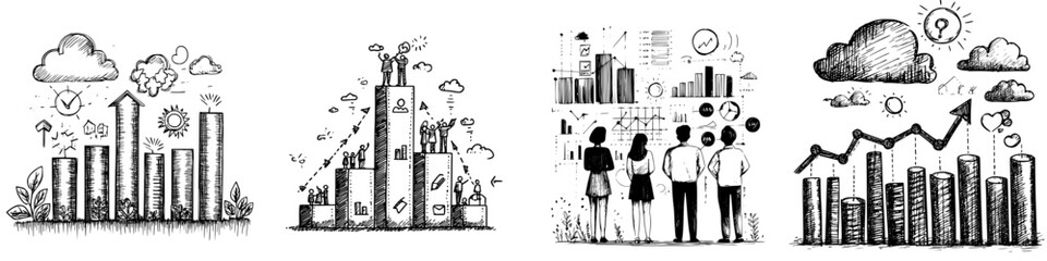 Poster - Growth and teamwork represented through various graphs and illustrations in a creative black and white design