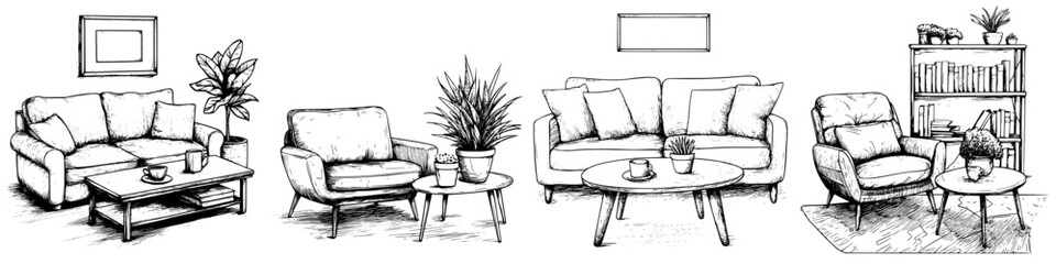 Poster - Stylish living room furniture arrangement featuring sofas, armchairs, and decorative plants in a cozy setting