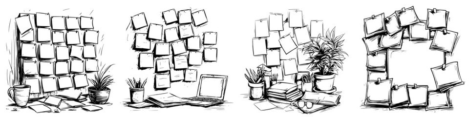 Poster - Workspace filled with sticky notes and plants at an organized desk in a creative environment during daytime hours