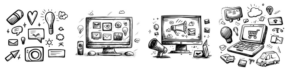 Poster - Creative digital marketing sketches illustrating online communication tools and social media strategies