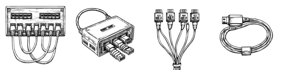 Poster - Various types of connectors and cables displayed on a plain background for an educational illustration about electronics