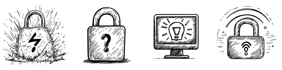 Poster - Illustration of various security symbols representing technology and data protection concerns in a digital age environment