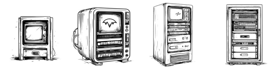 Poster - Collection of vintage computer systems showcasing design evolution from the 1980s to the early 2000s