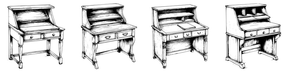 Poster - Various styles of wooden writing desks in different designs and configurations suitable for home offices or study areas