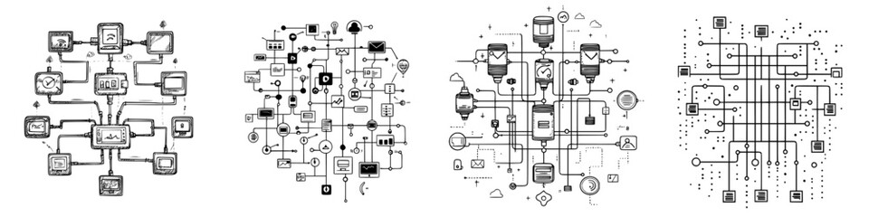 Poster - Detailed diagrams illustrating complex processes in technology and systems, showcasing connections and workflows across different fields