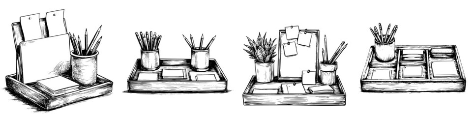 Poster - Stylish desktop organizers displayed with stationery and office supplies in a minimalist workspace setting