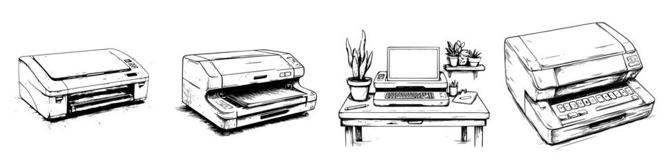 Poster - Illustration of office equipment including printer, copier, computer, and scanner on a desk with plants