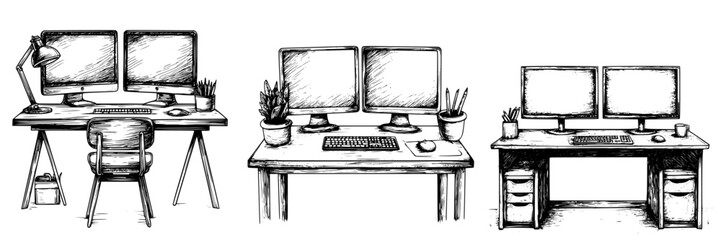 Poster - Variety of modern workstations with dual monitors arranged in different styles and settings