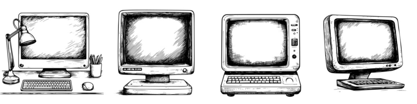 Vintage computer evolution from early monitors to modern screens in a detailed artistic illustration