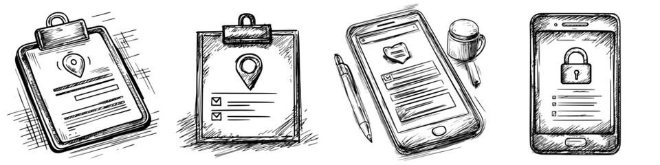Poster - Sketches of various items related to data privacy and security in a modern digital environment