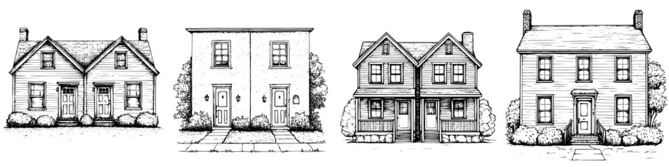 Poster - Illustration of four different styles of residential homes in a simple line art design