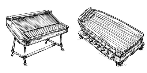 Poster - Unique vintage string instruments displayed together on a plain background with intricate details highlighting craftsmanship