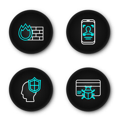 Poster - set line system bug in credit card, head with shield, mobile and face recognition and firewall, secu