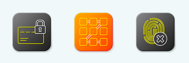 Poster - Set line Credit card with lock, Graphic password protection and Cancelled fingerprint icon. Vector
