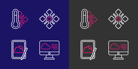 Poster - Set line Weather forecast, Snowflake and Meteorology thermometer icon. Vector