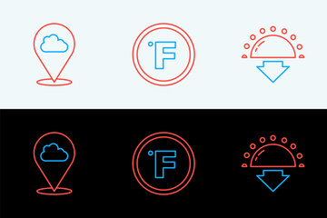 Poster - Set line Sunset, Location cloud and Fahrenheit icon. Vector