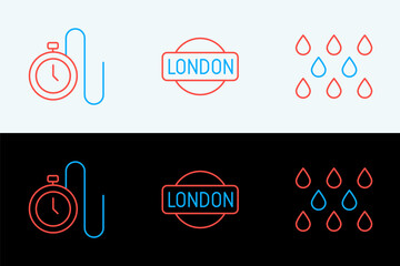 Poster - Set line Water drop, Watch with chain and London sign icon. Vector