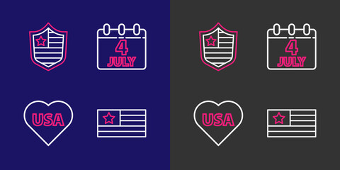 Poster - Set line American flag, USA Independence day, Calendar with date July 4 and Shield stars icon. Vector