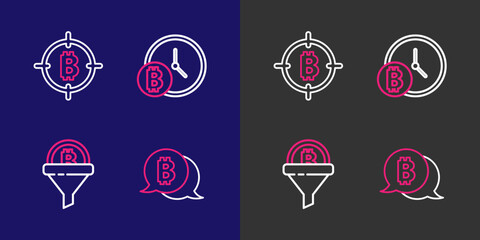 Poster - set line bitcoin, sales funnel with bitcoin, clock and the target icon. vector