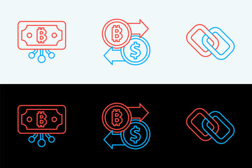Poster - Set line Chain link, Bitcoin with circuit and Cryptocurrency exchange icon. Vector