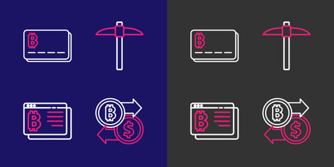 Poster - Set line Cryptocurrency exchange, Bitcoin in browser, Pickaxe and Credit card with bitcoin icon. Vector