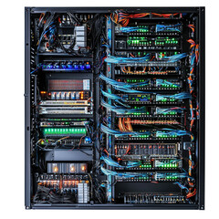 Poster - Server rack filled with network equipment and colorful cables, isolated on a white background.