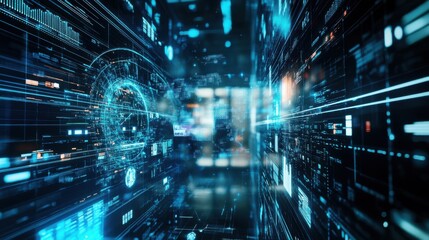 Poster - A futuristic digital landscape featuring streams of data and glowing blue lines, creating a sense of depth and technological advancement.