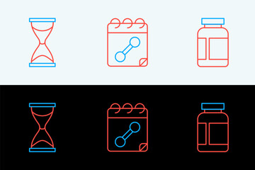 Poster - Set line Sports nutrition, Old hourglass and Calendar fitness icon. Vector