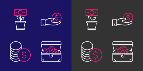Poster - Set line Treasure chest, Coin money with dollar, Hand giving and Money plant the pot icon. Vector