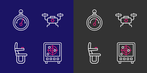Poster - Set line Radar with targets on monitor, Airplane seat, Drone flying and Barometer icon. Vector