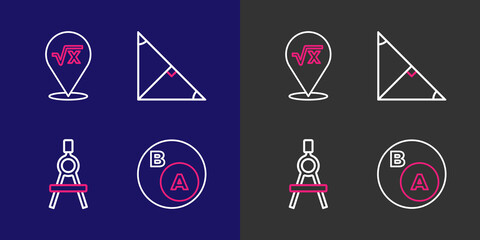 Poster - Set line Subsets, math, a is subset of b, Drawing compass, Angle bisector triangle and Square root x glyph icon. Vector