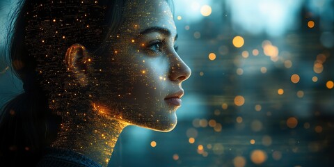 Poster - Portrait of a young woman with a digital overlay of glowing data patterns against a dark background