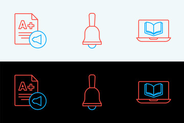 Poster - set line online class, exam sheet with a plus grade and ringing bell icon. vector