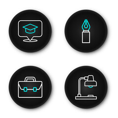 Poster - Set line Table lamp, Briefcase, Fountain pen nib and Graduation cap speech bubble icon. Vector