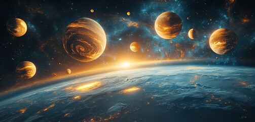 Poster - Exploration of distant planets in a vibrant cosmic landscape above Earth at dawn