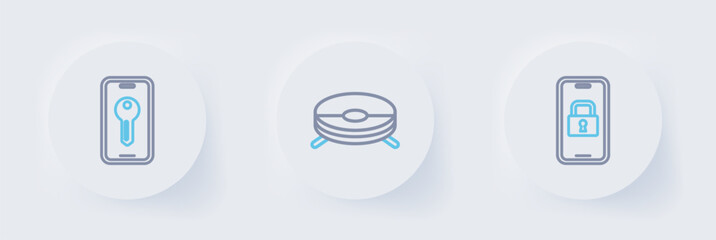 Poster - Set line Digital door lock, Robot vacuum cleaner and Smart key icon. Vector