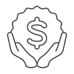 Poster - Hands with dollar sticker thin line icon, exhibition concept. Vector graphics. Selling tickets, monetization sign on white background, outline style icon for mobile or web design.