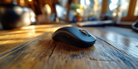 Poster - Desktop mouse on a wooden table in a cozy workspace with natural light streaming in from large windows