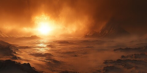 Poster - Fiery sunset over an alien landscape with rocky terrain and a smoky atmosphere