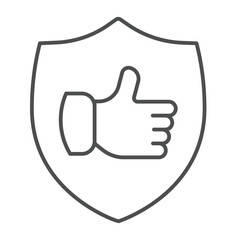 Fototapete - Shield with thumb up hand thin line icon, black friday concept. Vector graphics. Positive feedback emblem sign on white background, outline style icon for mobile or web design.