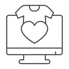 Poster - monitor screen with heart and shirt thin line icon, black friday concept. vector graphics. favorite 