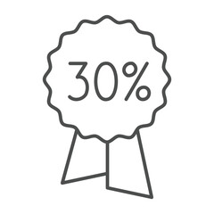 Poster - Thirty percent discount sticker thin line icon, black friday concept. Vector graphics. Stamp number with ribbon, shopping sign on white background, outline style icon for mobile or web design.