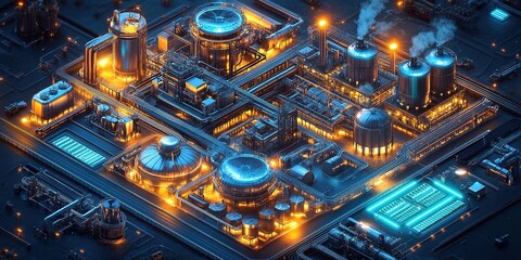 Poster - Industrial complex illuminated at night showcasing advanced manufacturing and processing facilities