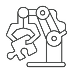 Poster - Robotic claw with puzzle piece thin line icon, neural dataset concept. Vector graphics. Logic game for training robot hand sign on white background, outline style icon for mobile or web design.