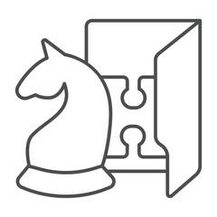 Fototapete - Logic games folder thin line icon, neural dataset concept. Vector graphics. Folder with chess and puzzle piece, gaming data sign on white background, outline style icon for mobile or web design.