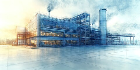 Poster - Industrial facility blueprint showcasing advanced architecture and design near urban skyline during sunrise