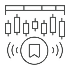 Poster - Network data with marker thin line icon, neural dataset concept. Vector graphics. Pump and dump token with mark sign on white background, outline style icon for mobile or web design.
