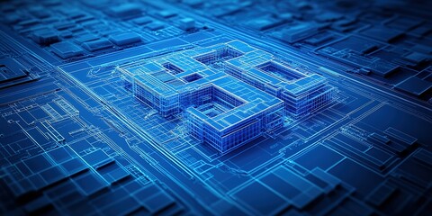 Poster - Detailed architectural blueprint showcasing a futuristic city layout in vibrant blue tones with intricate design elements