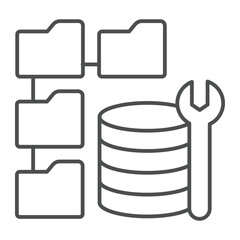 Fototapete - Wrench and database storage with folders thin line icon, neural dataset concept. Vector graphics. Developer data, repair sign on white background, outline style icon for mobile or web design.
